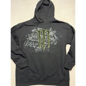 Monster Energy VTG Hoodie L Mens Black Neon Green Graphic Y2K Skater Cyber Grung